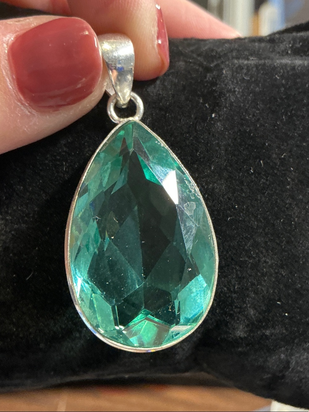 Teardrop Light Teal Green Crystal Pendant Necklace Stamped 925
